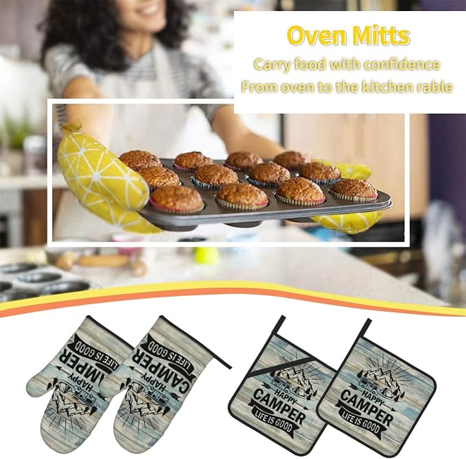 Happy Camper Oven Mitts and Pot Holders Sets of 4, Resistant Hot Pads - Image 6