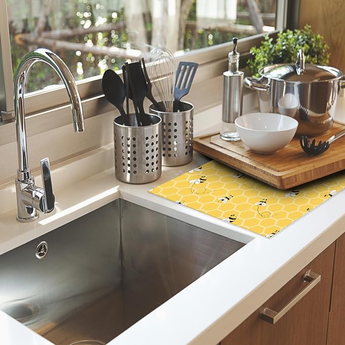 Yellow Bees Dish Drying Rack Mats Decor, Honey Honeycombs Dish Pad Drying Mat - Image 6