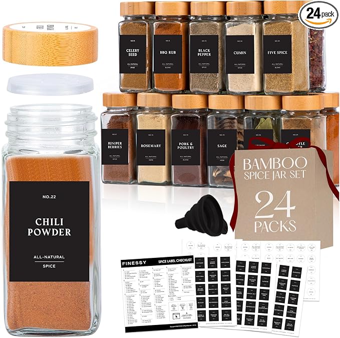 Bamboo Glass Spice Jars with Label and Shaker Lids Clear Empty 4oz 24 Pack by Finessy