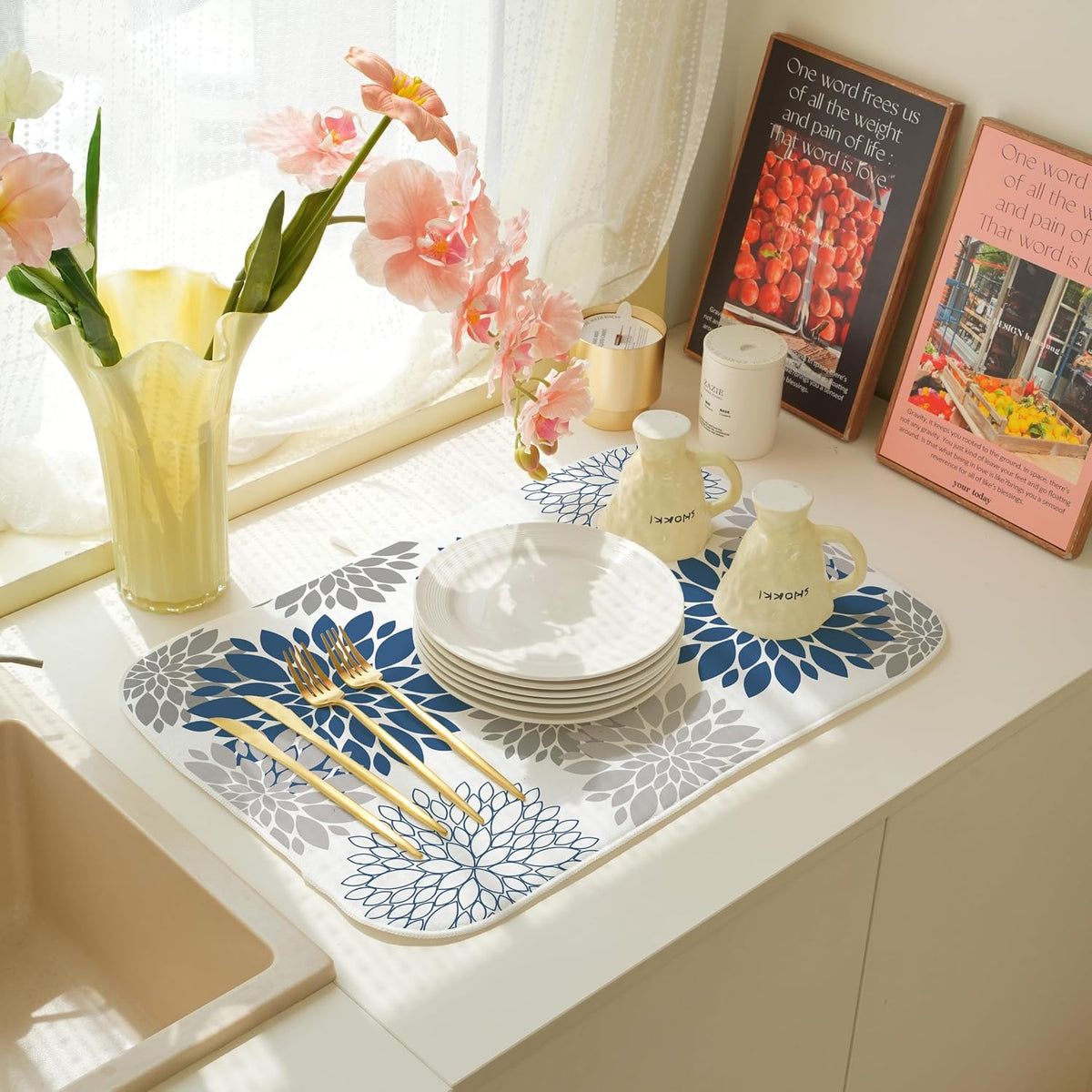 Boho Floral Drying Mat 18x24 Inches For Kitchen Counter Absorbent