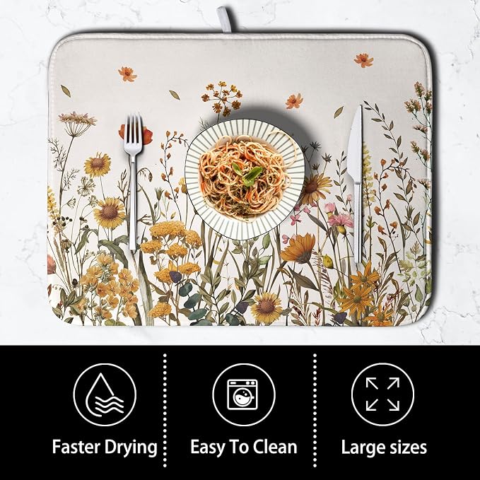 Fall Floral Dish Drying Mat for Kitchen Counter Autumn Burnt Orange Wild - Image 4