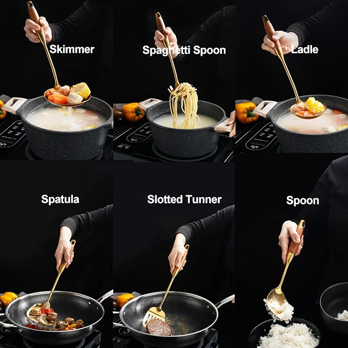 Gold Kitchen Utensils Set, Solid and Slotted Spoon, Slotted Tunner, Spaghetti - Image 2