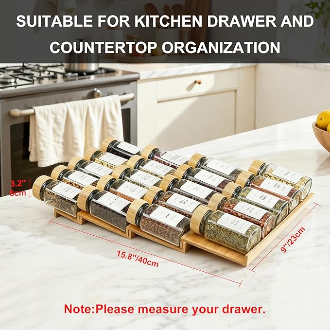 Spice Drawer Organizer with 20 Bamboo-lidded Spice Jars, 216 Labels, 25 - Image 6