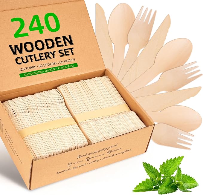 Disposable Wooden Utensils Set, Compostable Utensils, Disposable Cutlery by FEHHTOEco-friendlyLiving