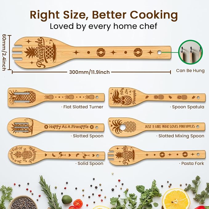 CUTHOLLOW 6PCS Happy as a Pineapple Wooden Kitchen Cooking Utensil Set - Image 2