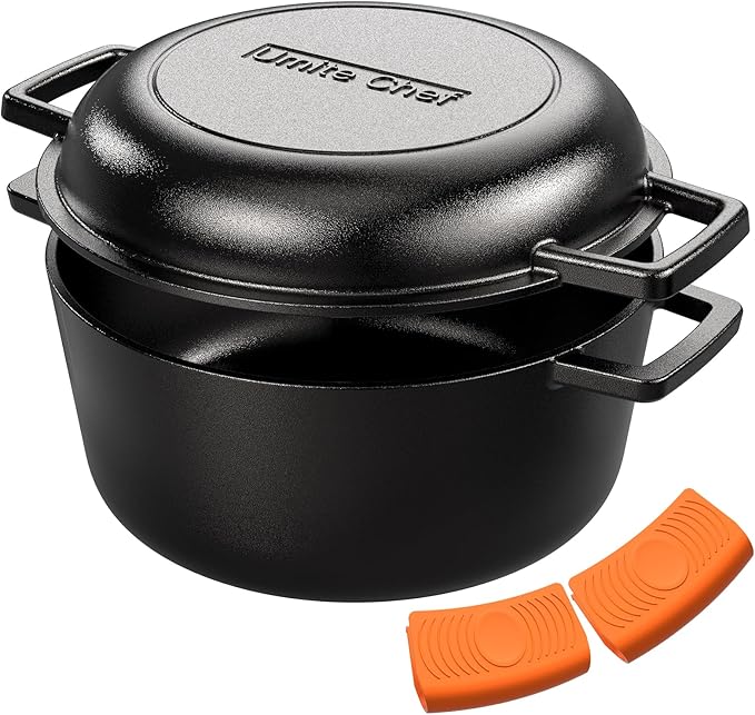 Cast Iron Dutch Oven Pot with Skillet Lid – Pre-Seasoned – Skillet Lid Cooking by UmiteChef