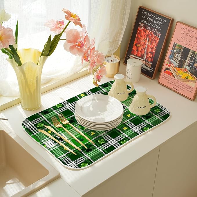 St. Patrick's Day Dish Drying Mat 18 x 24 Inch Green Buffalo Plaid Shamrock - Image 6