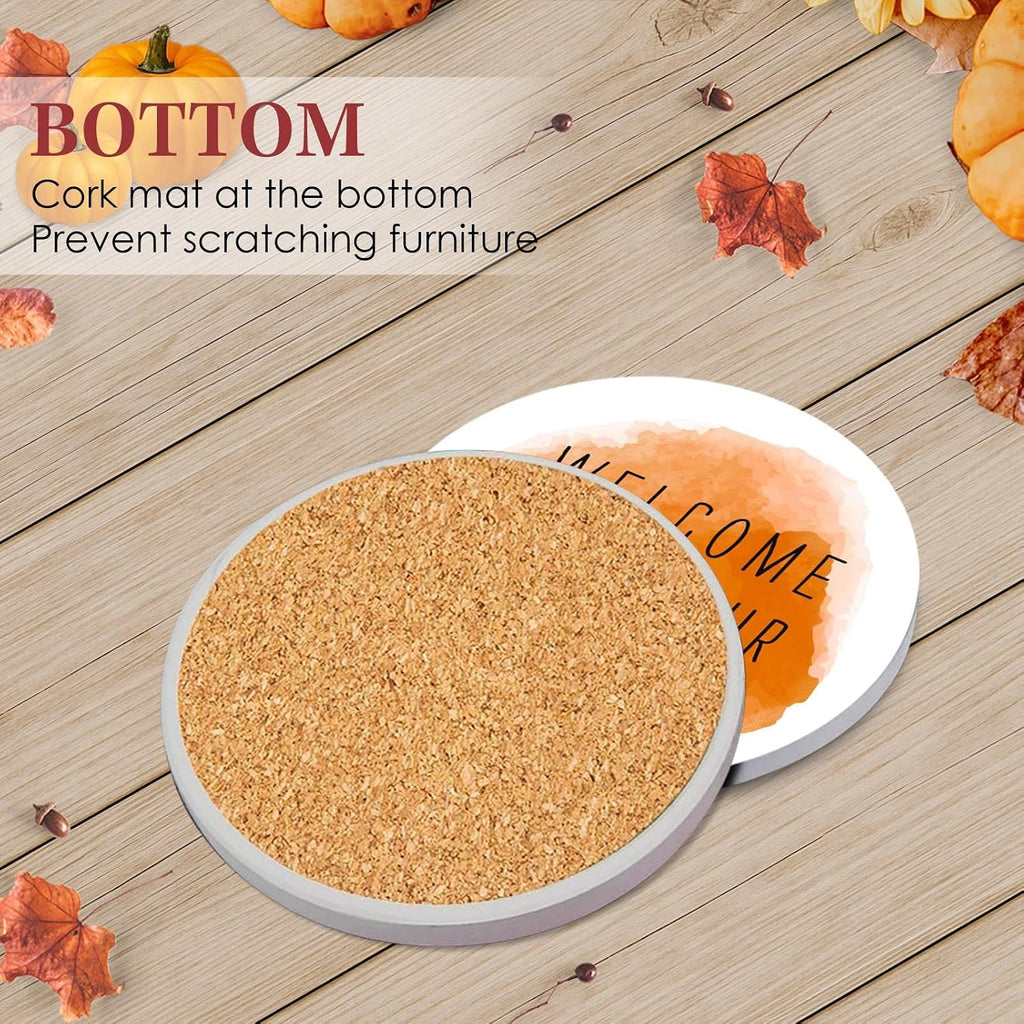 Fall Coasters for Drinks, Set of 6, Ceramic Stone, Autumn Pumpkin