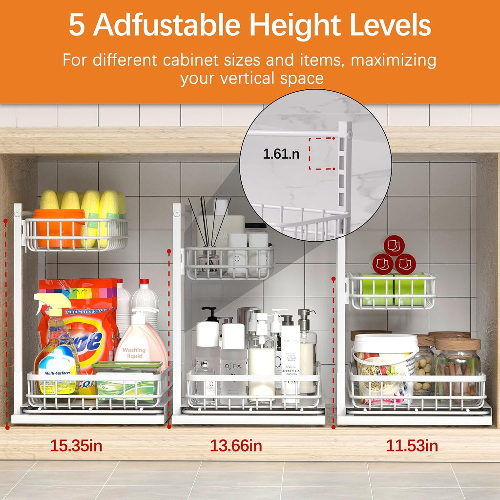 Under Sink Organizer, Adjustable Height Pull-Out Kitchen Storage