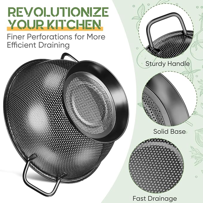 Bokon 3 Pcs Stainless Steel Colander Set Colander Bowl and Sieves 1/3/5 Quart - Image 3