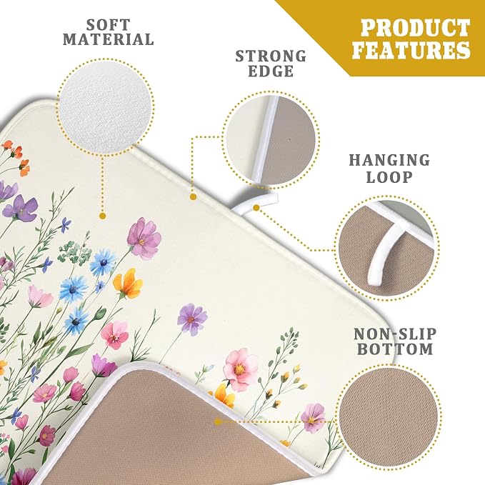 Giwawa Spring Floral Dish Drying Mat 16"x18" Watercolor Summer Wildflower Dish - Image 4