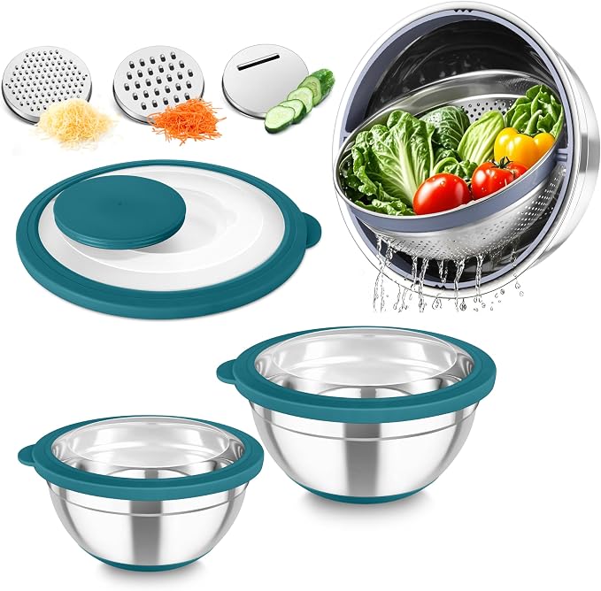 TeamFar Mixing Bowls with Colander Set, Stainless Steel Strainer and Nesting by TeamFar