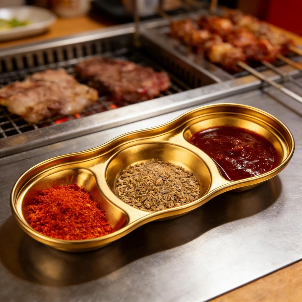 6 Pcs Soy Sauce Dish Stainless Steel 3 Compartment Korean Sauce Plate