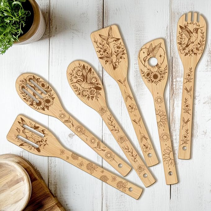 CUTHOLLOW 6PCS Hummingbird and Rose Wooden Kitchen Cooking Utensil Set by CUTHOLLOW