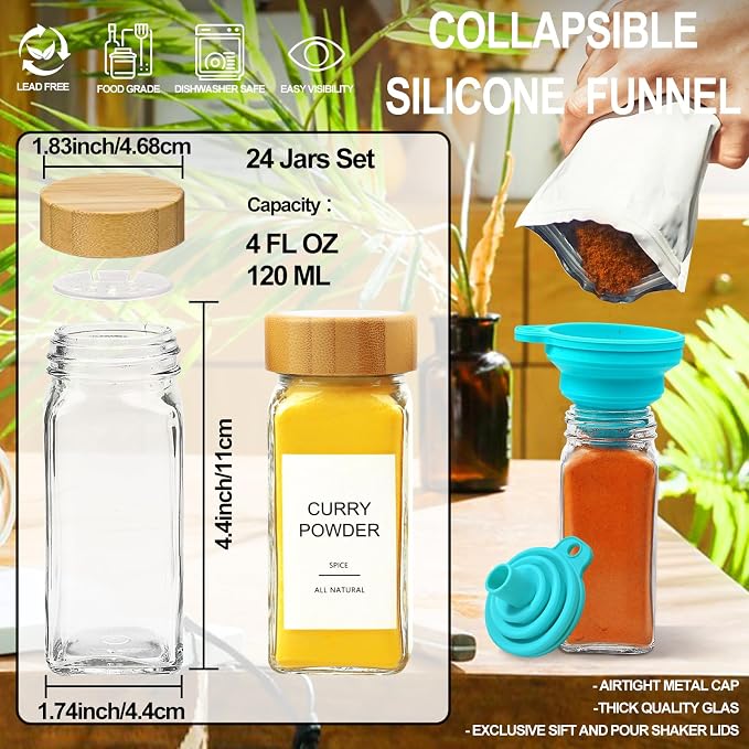 AISIPRIN Glass Spice Jars with 398 Labels, Square Spice Bottles With Shaker Lids - Image 2