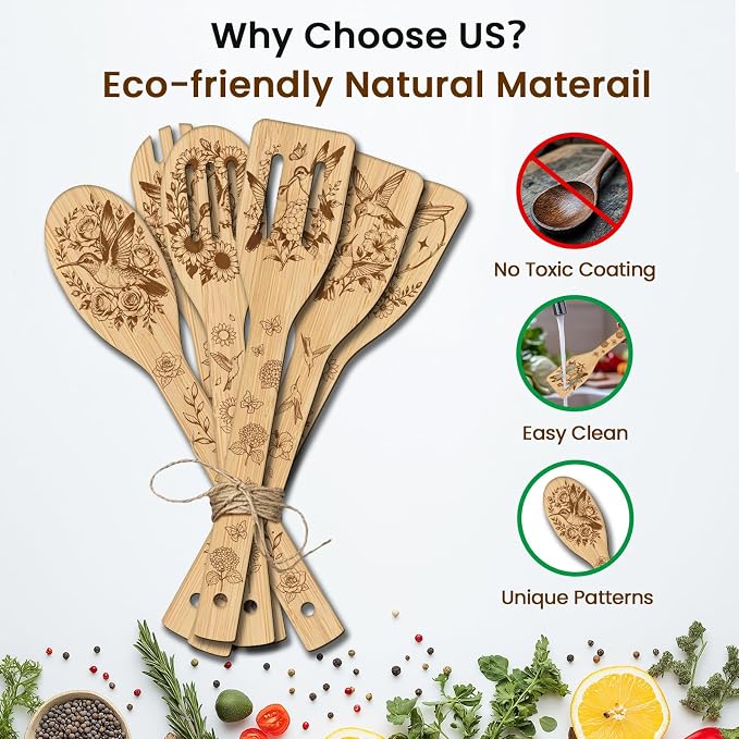 CUTHOLLOW 6PCS Hummingbird and Rose Wooden Kitchen Cooking Utensil Set - Image 3