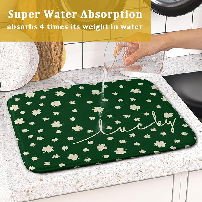 Giwawa St Patricks Day Dish Drying Mat Green Lucky Clovers Dish Drainer Mats - Image 7