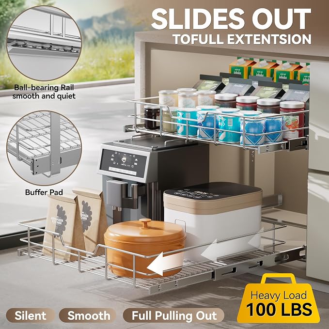 2 Tier Pull Out Cabinet Organizer 15" W X 17" D, Slide Out Drawers - Image 3