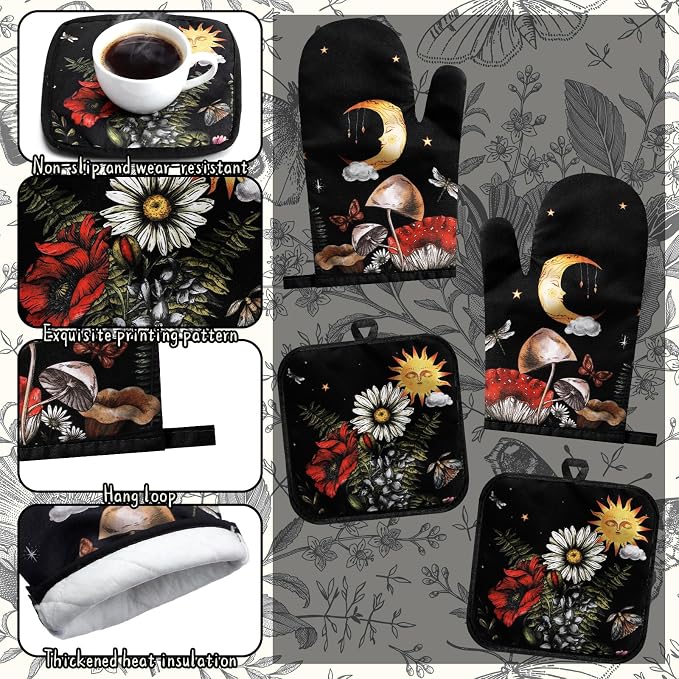 12 Pcs Black Witchy Kitchen Decor Set 4 Mushroom Kitchentowels 4 Absorbent - Image 5