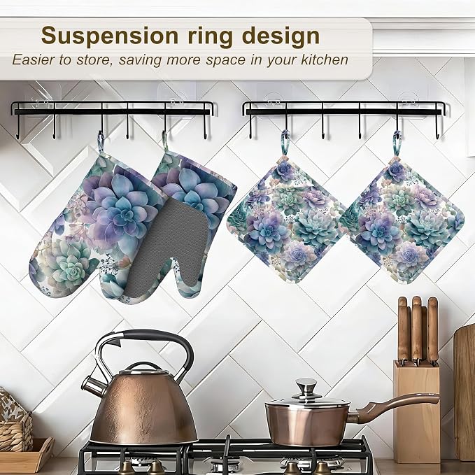 Succulent Botanical Floral Oven Mitts and Pot Holders Sets of 4, Heat Resistant - Image 5