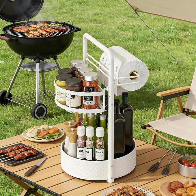 Rotating Spice Rack with Paper Towel Holder, 2 Tier Turntable Lazy Susan - Image 7