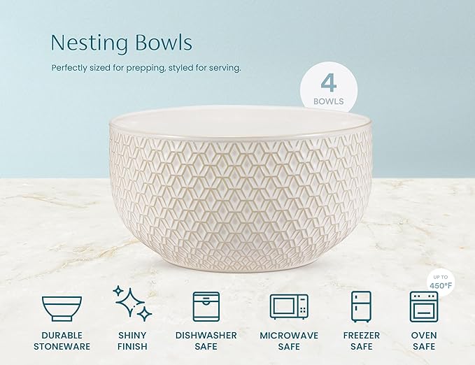 KooK Ceramic Mixing Bowls, Nesting Set of 4, Embossed Kitchen Dishware - Image 6