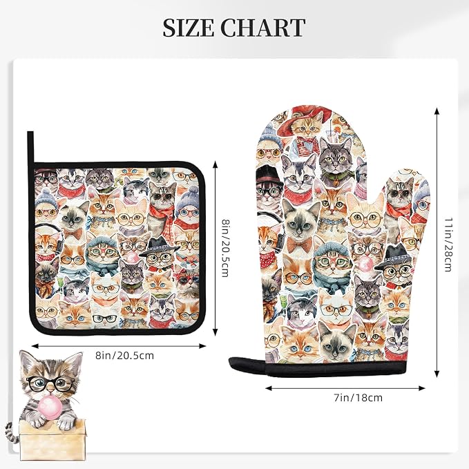 Cute Cat Oven Mitts and Pot Holders Sets 3PCS, Cat Silicone Heat Resistant Oven - Image 2