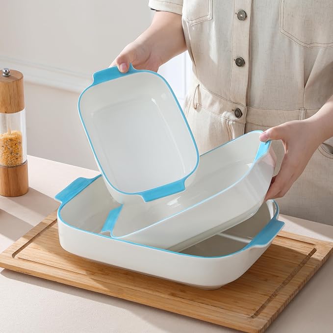 MALACASA Casserole Dishes for Oven, Ceramic Baking Dishes Set of 3, Rectangular - Image 9