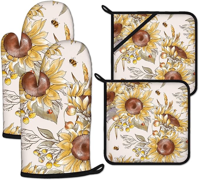 Watercolor Sunflower Oven Mitts and Pot Holders Sets Heat Resistant 4Pcs by ANTJOO