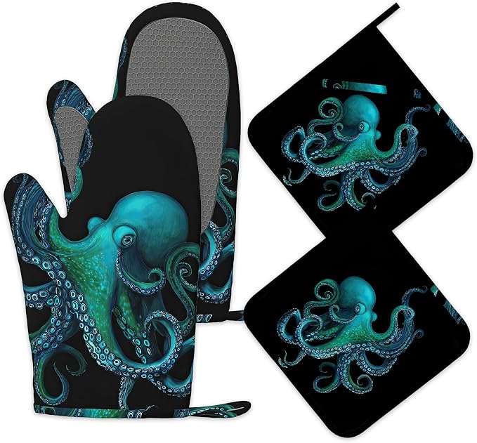 Oven Mitts and Pot Holders Green Octopus Silicone Kitchen Accessories Set of 4 by Unknown
