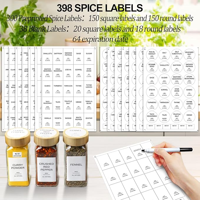 AISIPRIN Glass Spice Jars with 398 Labels, Square Spice Bottles With Shaker Lids - Image 3