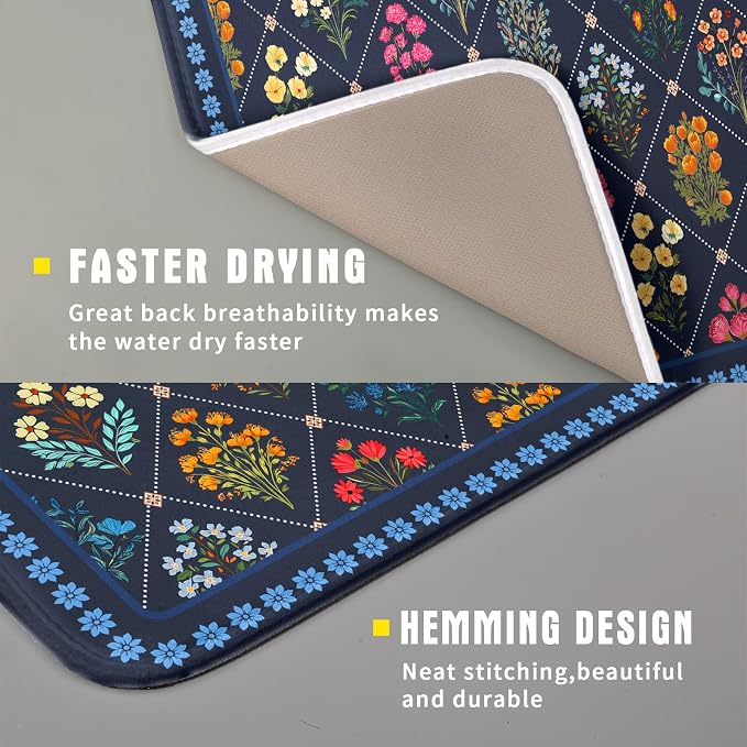 Lapis Blue Dish Drying Mat for Kitchen Counter Flowers Microfiber Absorbent - Image 3
