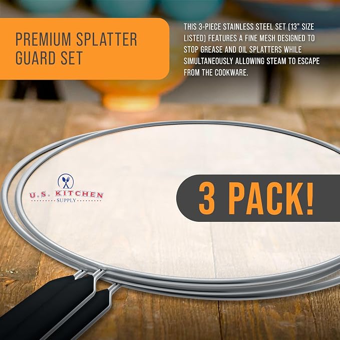 U.S. Kitchen Supply 3-Piece Stainless Steel Splatter Guard Set 13" Fine Mesh - Image 3
