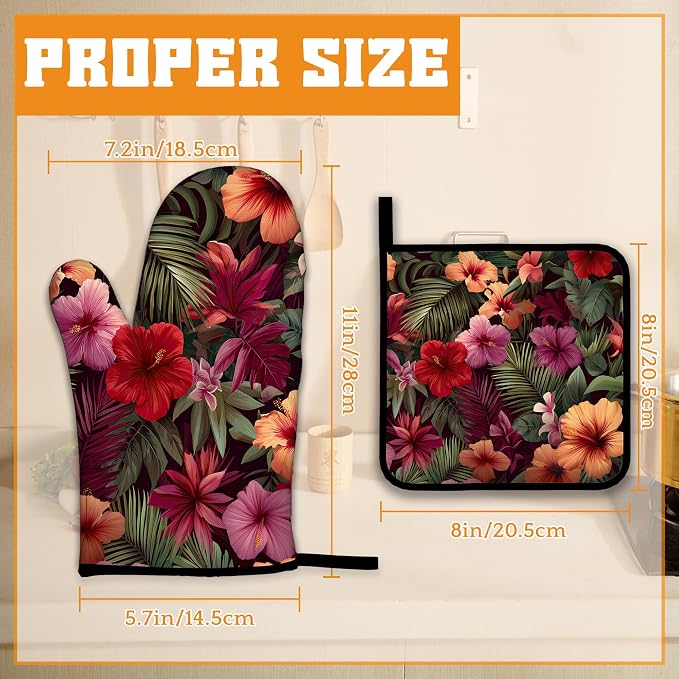Tropical Palm Leaf Oven Mitts and Pot Holders Set, Hibiscus Kitchen Oven Gloves - Image 2