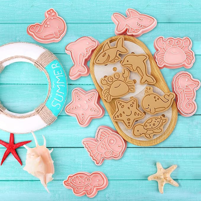 Ocean Cookie Cutters With Plunger Stamps Set, 8 Piece See Cookie Cutters - Image 2