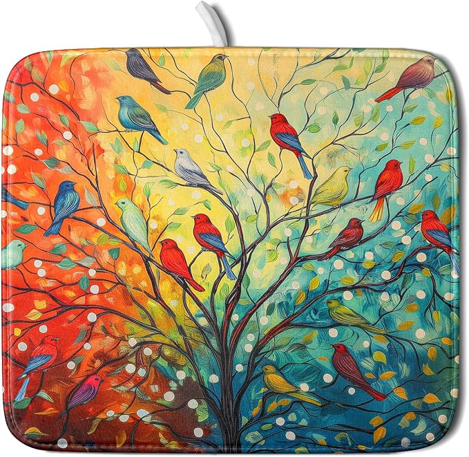 Colorful Spring Summer Tree Bird Dish Drying Mats by Kawani