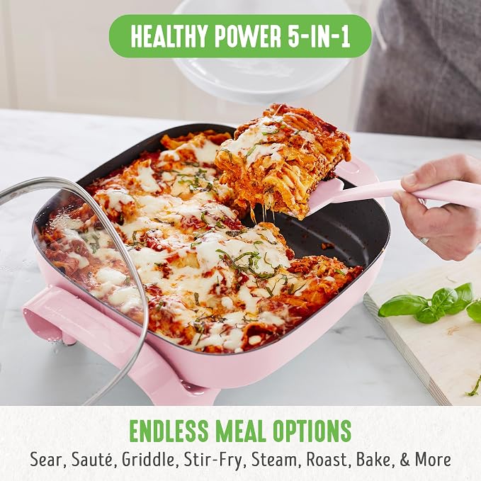 GreenLife12" 5QT Square Electric Skillet, Glass Vented Lid, Ceramic PFAS-Free - Image 4
