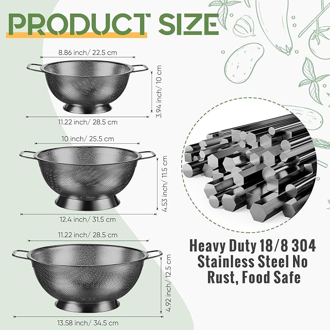 Bokon 3 Pcs Stainless Steel Colander Set Colander Bowl and Sieves 1/3/5 Quart - Image 2