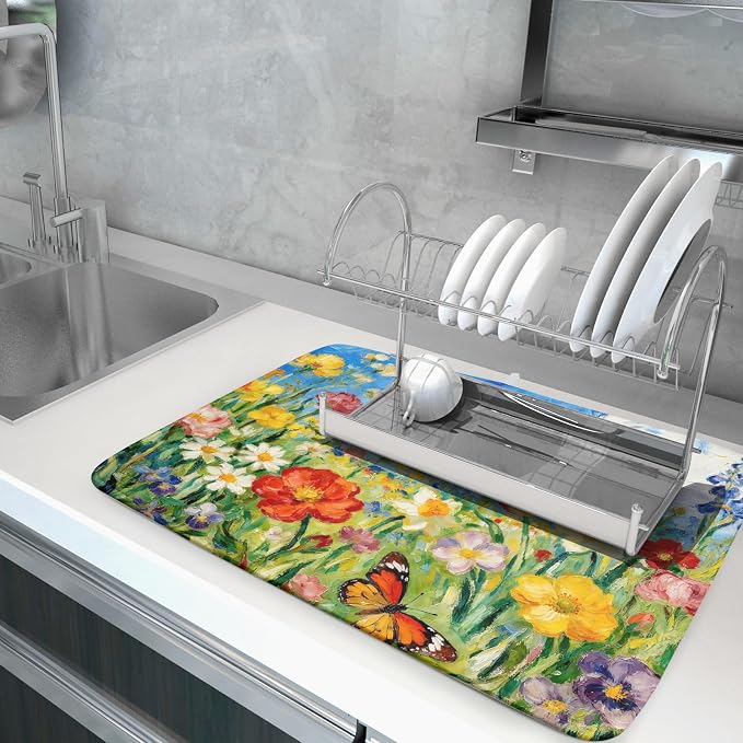 Cute Floral Dish Drying Mat for Kitchen Counter 18x24, Spring Summer Decorative - Image 5