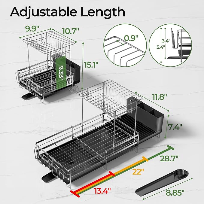 Large 2 Tier Dish Drying Rack, Extendable Dish Rack, Stainless Steel Anti-Rust - Image 7