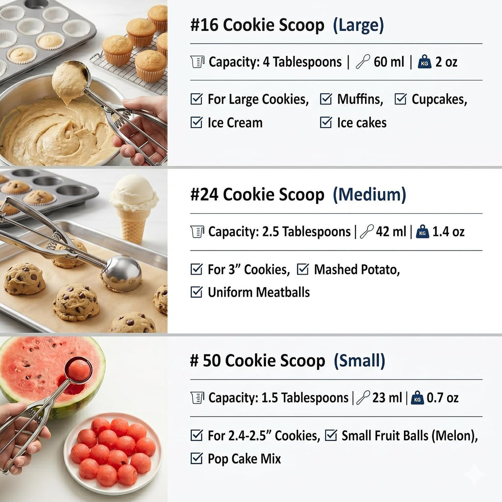 Ice Cream Scoop, 3Pcs Cookie Scoop Set, 18/8 Stainless Steel Cookie