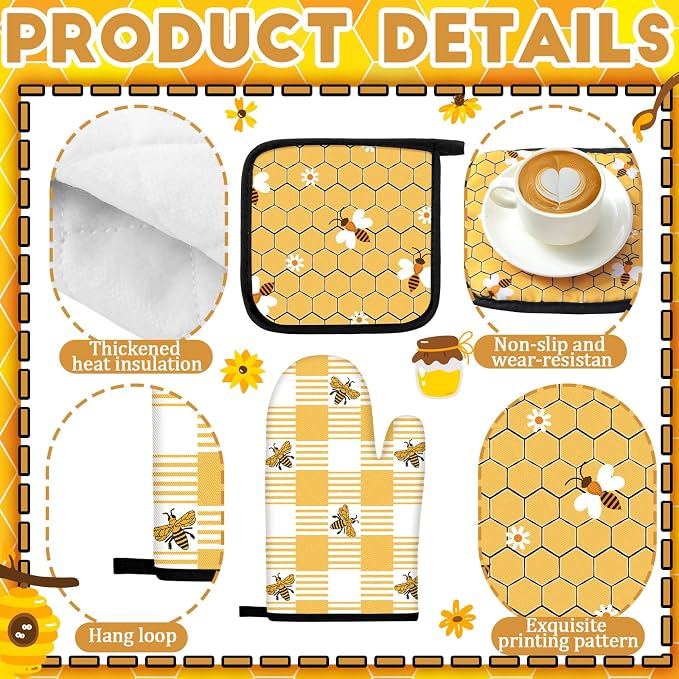 Fourluoo 10 Pcs Bee Themed Kitchen Decor Set Dish Towels Kitchen Rugs Oven - Image 5
