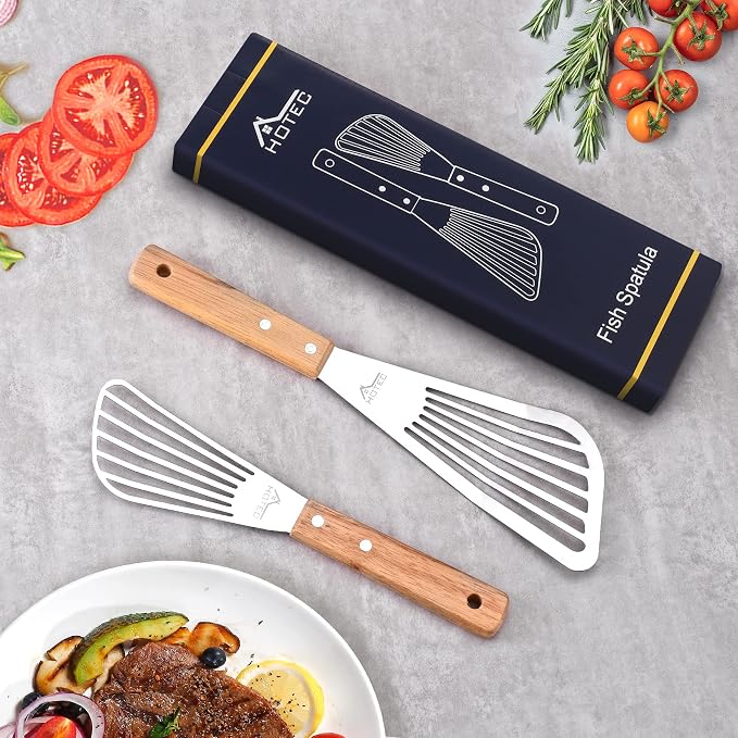 HOTEC 2pcs Stainless Steel Wooden Handle Fish Spatula, Metal Spatula Flipping - Image 7