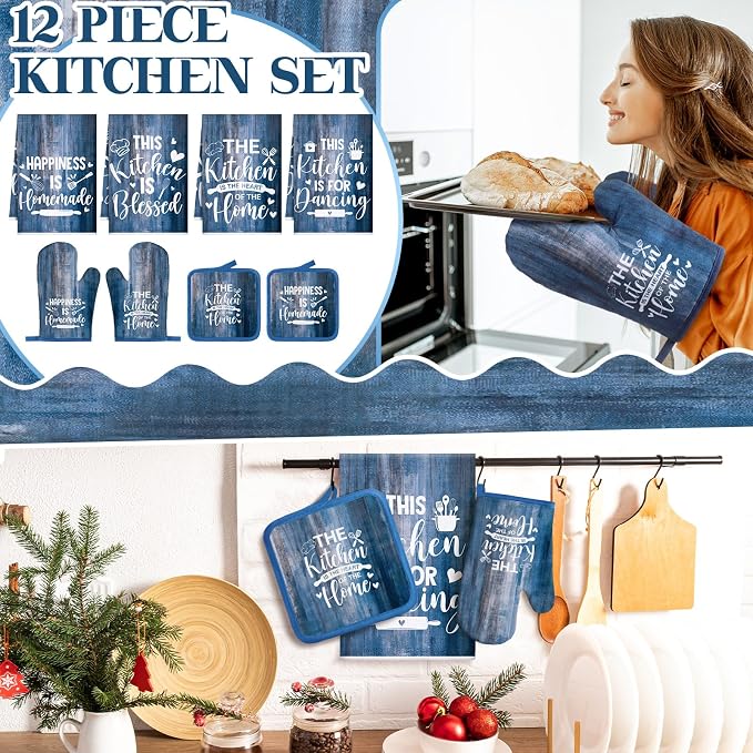 Leinuosen 8 Pcs Farmhouse Kitchen Decor Towels and Oven Mitts Sets Pot Holders - Image 2