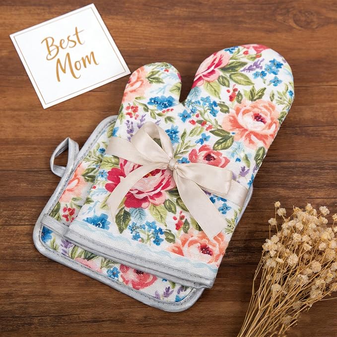 Floral Oven Mitts and Pot Holders Sets 2 Pcs, Canvas Heat Resistant Kitchen - Image 8