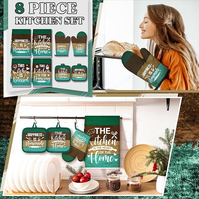 Leinuosen 8 Pcs Kitchen Towels and Oven Mitts Sets Pot Holders Dishcloths Set - Image 2