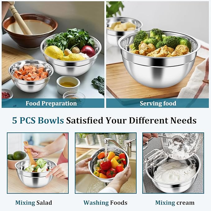 P&P CHEF Mixing Bowls with Visible Airtight Lids Set of 5, 10-Piece Stainless - Image 3