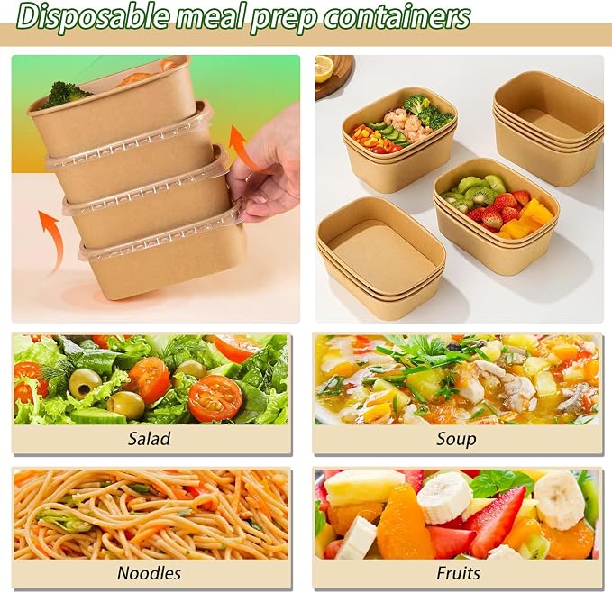 50-Pack 35oz Disposable Kraft Paper Bowls【with Lids and Forks】, Large Meal Prep - Image 3