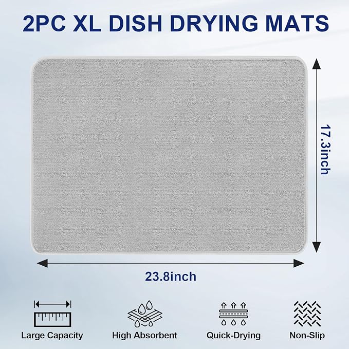 Large Dish Drying Mat 2 Pack, 23.8" x 17.3" Microfiber Ultra Absorbent - Image 2