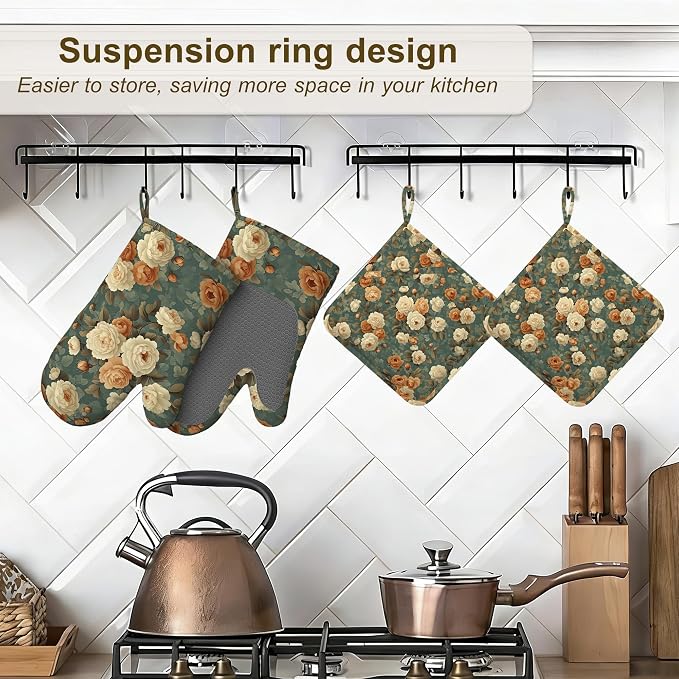 Vintage Rose Flower Oven Mitts and Pot Holders Set of 4, Retro Floral Kitchen - Image 5